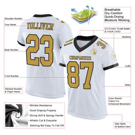 Personalized Authentic Football Jersey - White Gold Black Mesh Design Personalized White Old Gold-Black Mesh Authentic Football