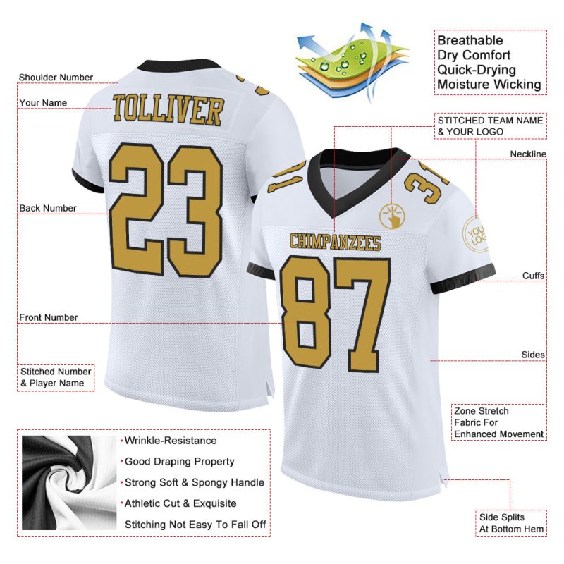 Personalized Authentic Football Jersey - White Gold Black Mesh Design Personalized White Old Gold-Black Mesh Authentic Football