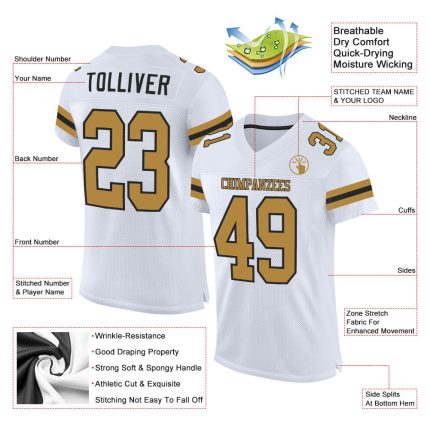 Custom Authentic Football Jersey - Personalized White Old Gold-Black Mesh with Custom Name and Number Personalized White