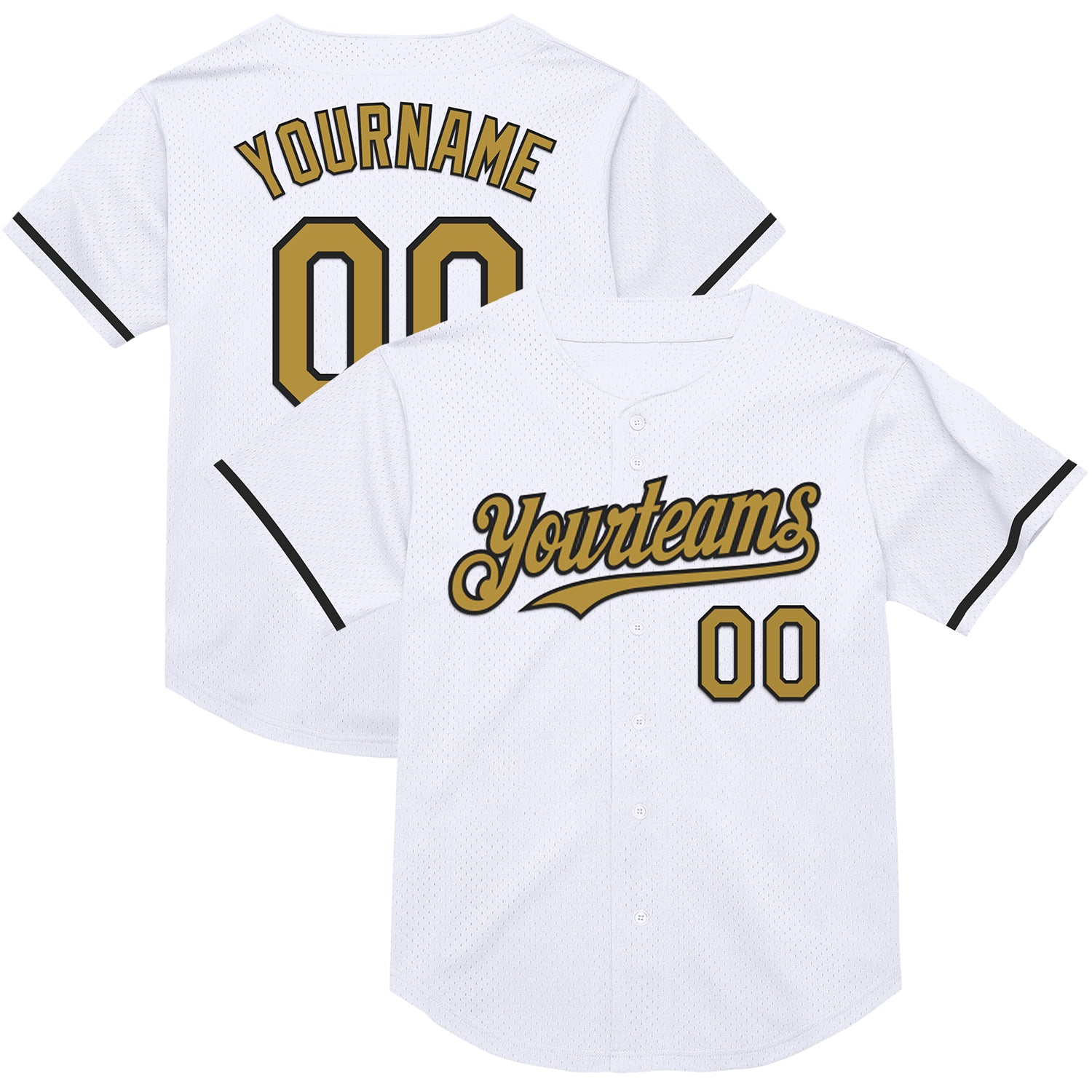Custom Name and Number Personalized Throwback Baseball Jersey in White, Old Gold, and Black Mesh - Authentic Team Apparel