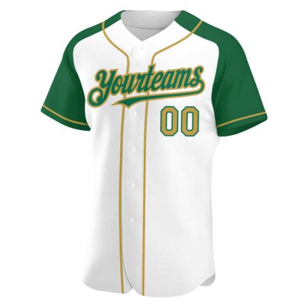 Custom Name and Number Authentic Baseball Jersey in White, Old Gold, Kelly Green - Personalized Raglan Sleeves Personalized