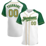Custom Name and Number Authentic Baseball Jersey in White, Old Gold, Kelly Green - Personalized Raglan Sleeves Personalized