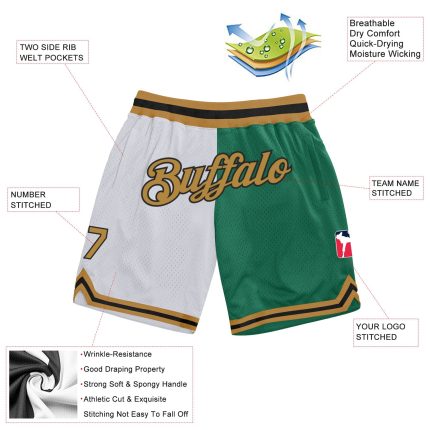 Custom Name & Number Personalized Basketball Shorts - Authentic White Old Gold-Kelly Green Throwback Fashion Personalized