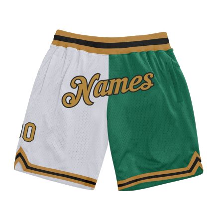 Custom Name & Number Personalized Basketball Shorts - Authentic White Old Gold-Kelly Green Throwback Fashion Personalized