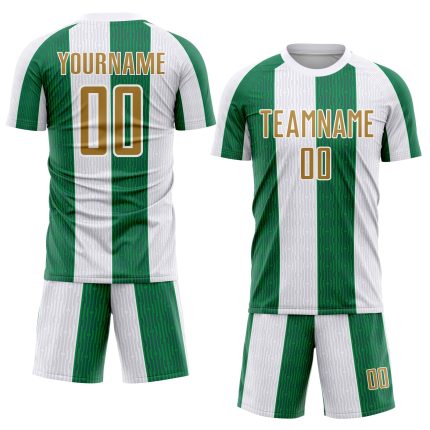Custom Name and Number Soccer Jersey - Personalized White Old Gold-Kelly Green Sublimation Uniform Personalized White Old