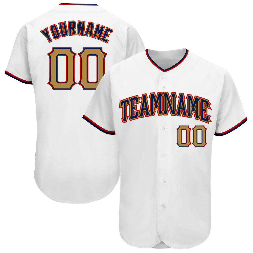 Personalized Authentic Baseball Jersey in White with Old Gold and Navy Accents Personalized White Old Gold-Navy Authentic