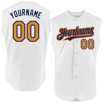 Personalized Authentic Baseball Jersey with Custom Name and Number - White Old Gold Navy-Red Sleeveless Design Personalized