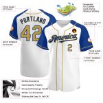Custom Name and Number Mens Authentic Baseball Jersey - Personalized White and Old Gold-Royal Raglan Sleeves Personalized