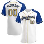 Custom Name and Number Mens Authentic Baseball Jersey - Personalized White and Old Gold-Royal Raglan Sleeves Personalized