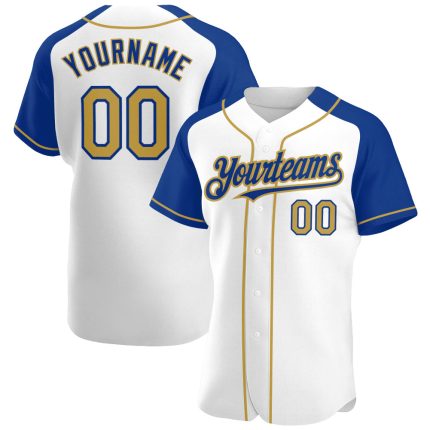 Custom Name and Number Mens Authentic Baseball Jersey - Personalized White and Old Gold-Royal Raglan Sleeves Personalized
