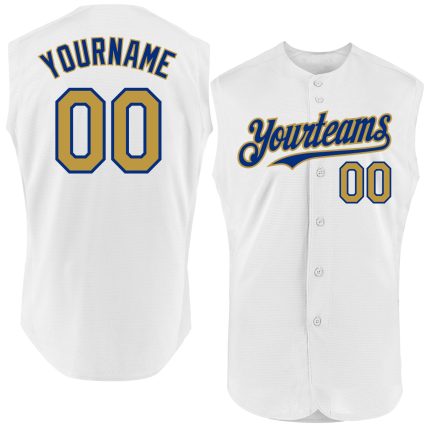 Personalized Authentic Sleeveless Baseball Jersey in White with Old Gold-Royal Trim Personalized White Old Gold-Royal Authentic