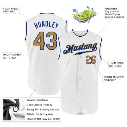 Custom Name Number Personalized Old Gold White Sleeveless Baseball Jersey - Authentic Team Gear Personalized White Old Gold-Royal
