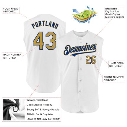 Personalized Authentic Sleeveless Baseball Jersey in White with Old Gold-Royal Trim Personalized White Old Gold-Royal Authentic