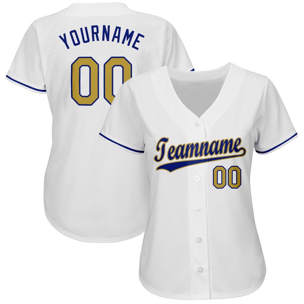 Custom Name and Number Personalized Baseball Jersey in White Old Gold-Royal Personalized White Old Gold-Royal Baseball Jersey