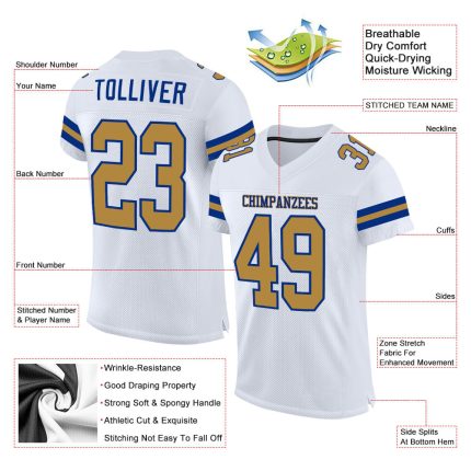 Custom Name and Number Personalized Authentic Football Jersey - White Old Gold-Royal Mesh Team Jersey Personalized White