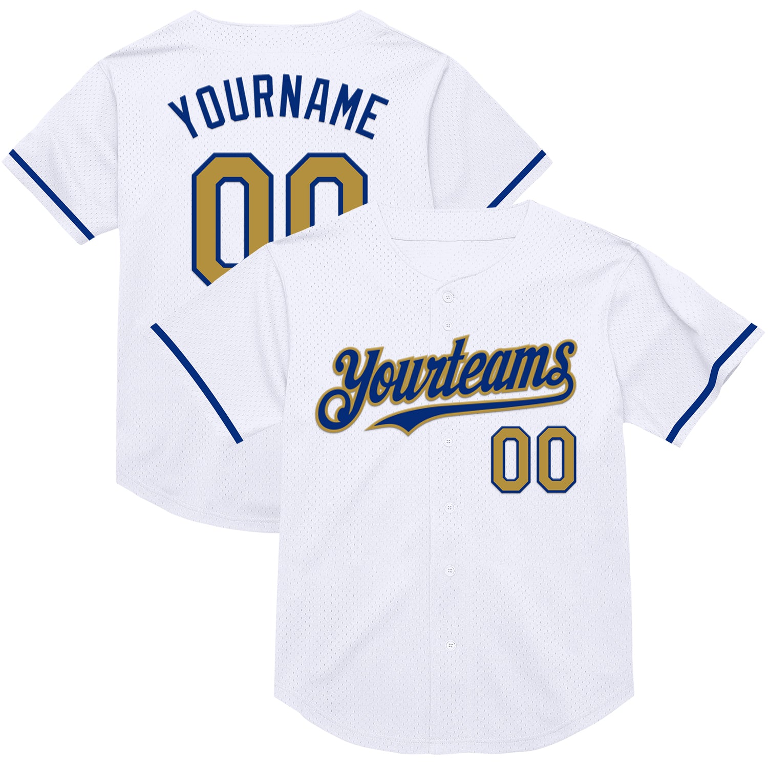 Custom Name and Number Personalized White Gold Royal Mesh Baseball Jersey - Authentic Throwback Team Jersey Personalized
