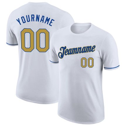 Custom Team Name Number Performance T-Shirt - Personalized White Old Gold-Royal Design Personalized White Old Gold-Royal