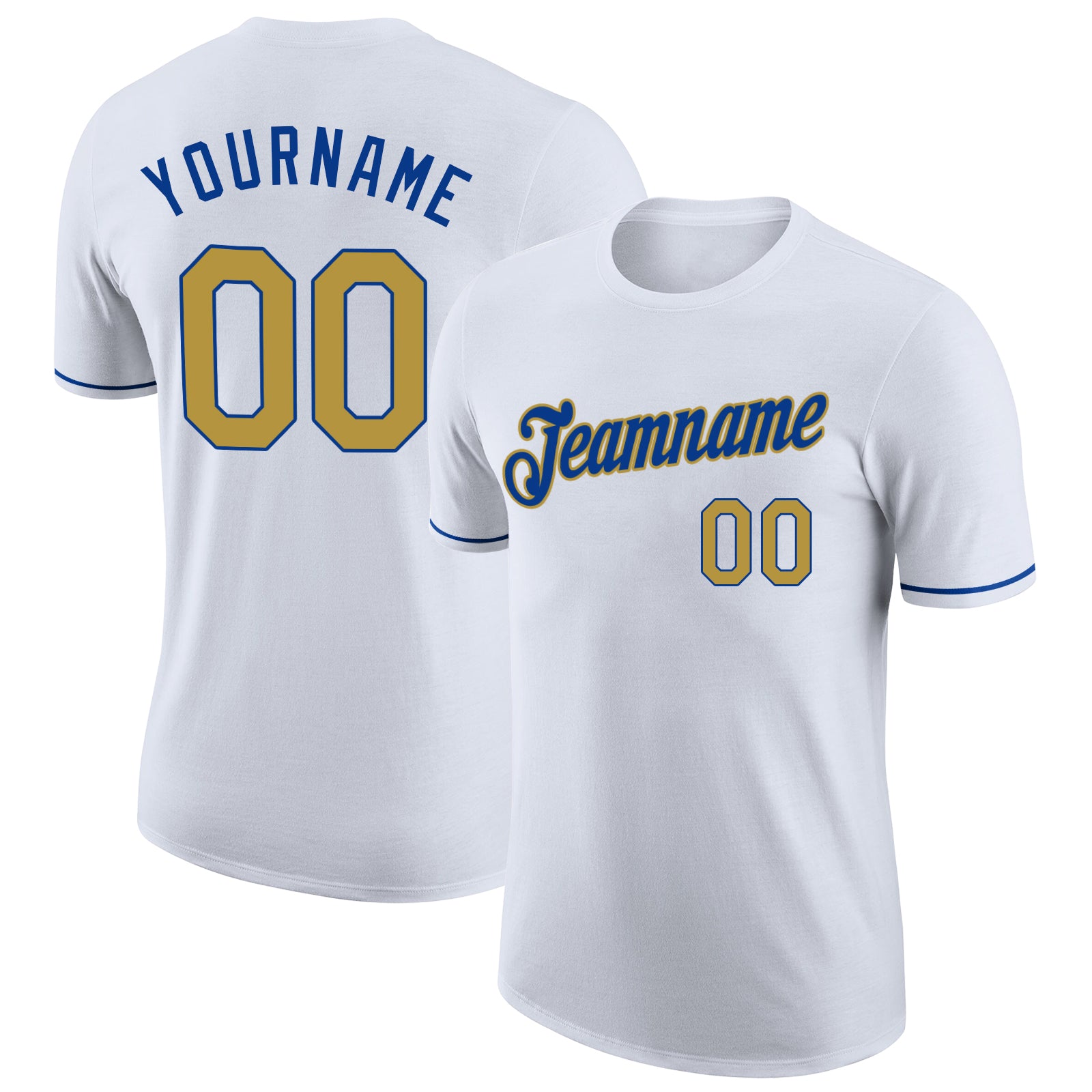 Custom Team Name Number Performance T-Shirt - Personalized White Old Gold-Royal Design Personalized White Old Gold-Royal