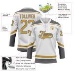 Custom Name and Number Personalized Hockey Lace Neck Jersey in White Old Gold and Steel Gray Personalized White Old Gold-Steel
