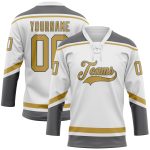 Custom Name and Number Personalized Hockey Lace Neck Jersey in White Old Gold and Steel Gray Personalized White Old Gold-Steel