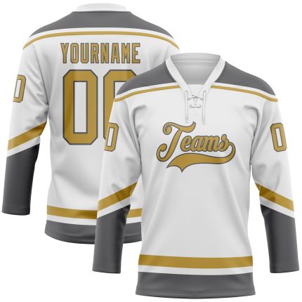 Custom Name and Number Personalized Hockey Lace Neck Jersey in White Old Gold and Steel Gray Personalized White Old Gold-Steel