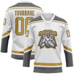 Custom Name and Number Personalized Hockey Lace Neck Jersey in White Old Gold and Steel Gray Personalized White Old Gold-Steel