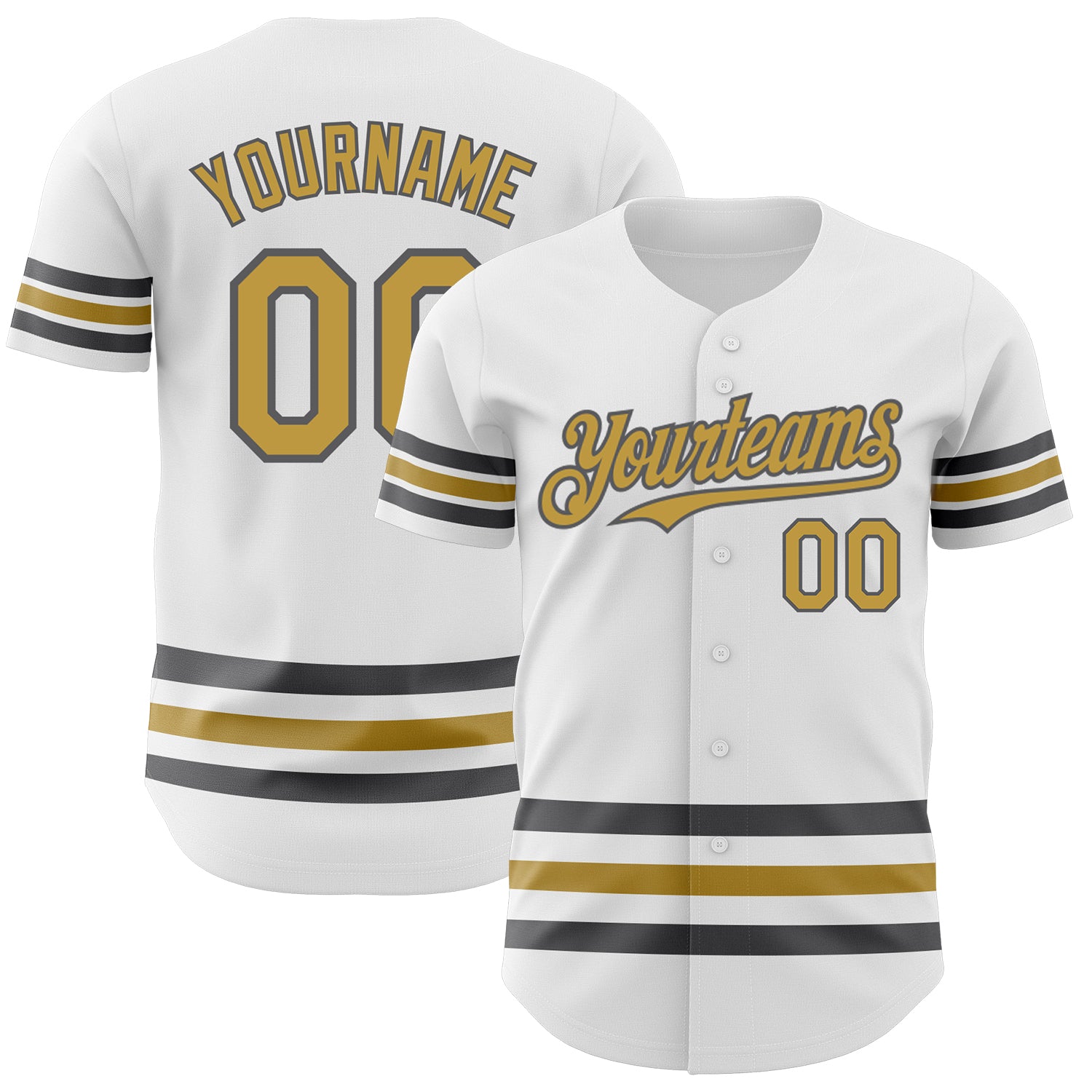 Custom Baseball Jersey with Personalized Name and Number in White, Old Gold, and Steel Gray - Authentic Team Apparel Personalized