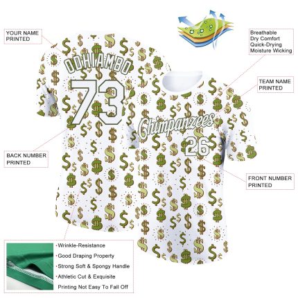 Custom Name and Number Dollar Sign Money Theme T-Shirt with 3D Olive Pattern - Personalized Performance Tee Personalized