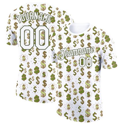 Custom Name and Number Dollar Sign Money Theme T-Shirt with 3D Olive Pattern - Personalized Performance Tee Personalized