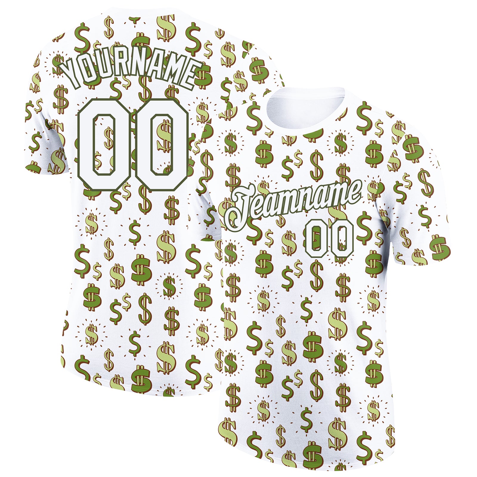Custom Name and Number Dollar Sign Money Theme T-Shirt with 3D Olive Pattern - Personalized Performance Tee Personalized
