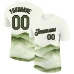 Custom Name and Number Mountain Performance T-Shirt, Personalized 3D White Olive-Black Design Personalized White Olive-Black