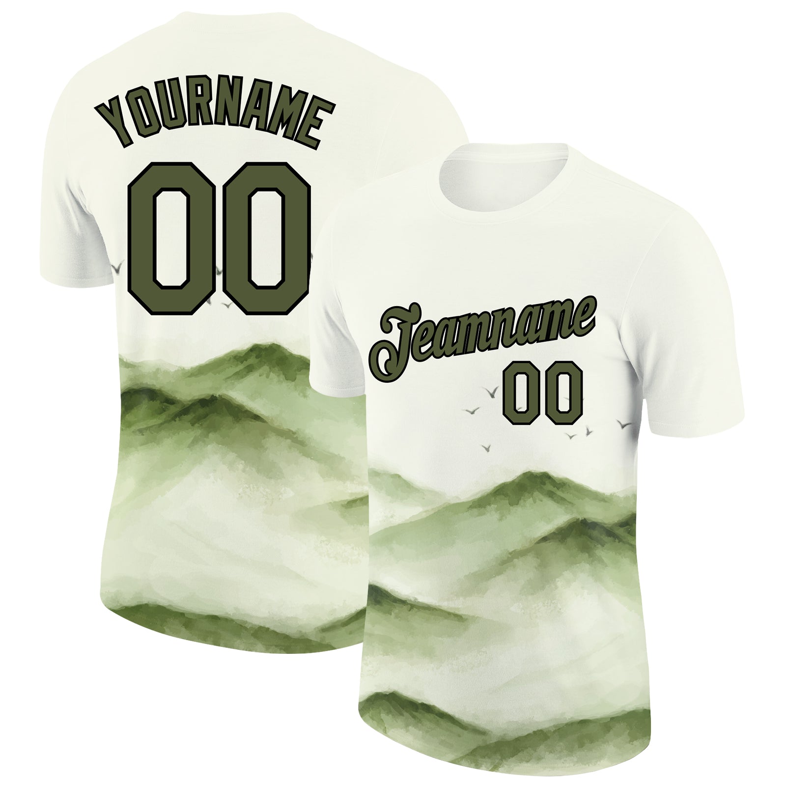 Custom Name and Number Mountain Performance T-Shirt, Personalized 3D White Olive-Black Design Personalized White Olive-Black