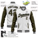 Custom Team Name and Number Bomber Varsity Jacket White Olive Black Full-Snap Two Tone Personalized White Olive-Black Bomber