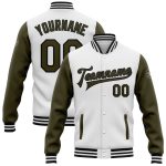 Custom Team Name and Number Bomber Varsity Jacket White Olive Black Full-Snap Two Tone Personalized White Olive-Black Bomber