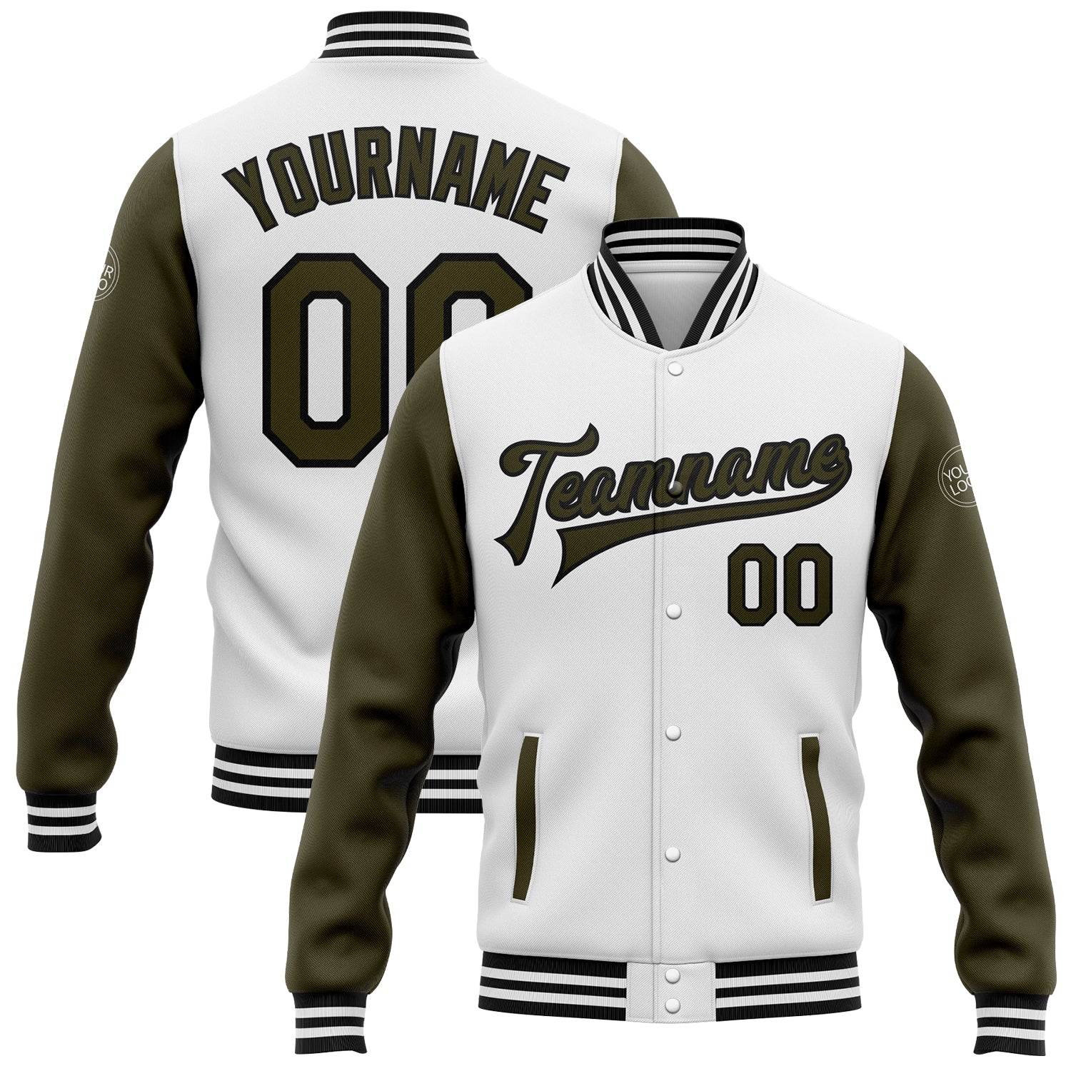 Custom Team Name and Number Bomber Varsity Jacket White Olive Black Full-Snap Two Tone Personalized White Olive-Black Bomber