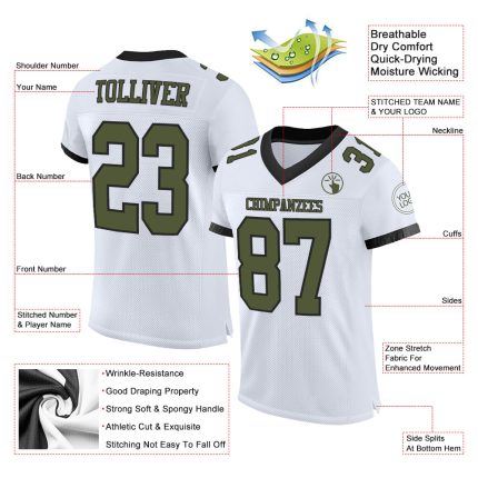 Personalized Authentic Football Jersey in White Olive and Black Mesh Personalized White Olive-Black Mesh Authentic Football