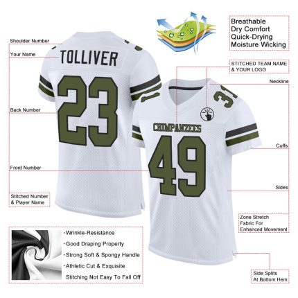 Custom Name and Number Authentic Football Jersey - Personalized White Olive-Black Mesh Team Apparel Personalized White Olive-Black