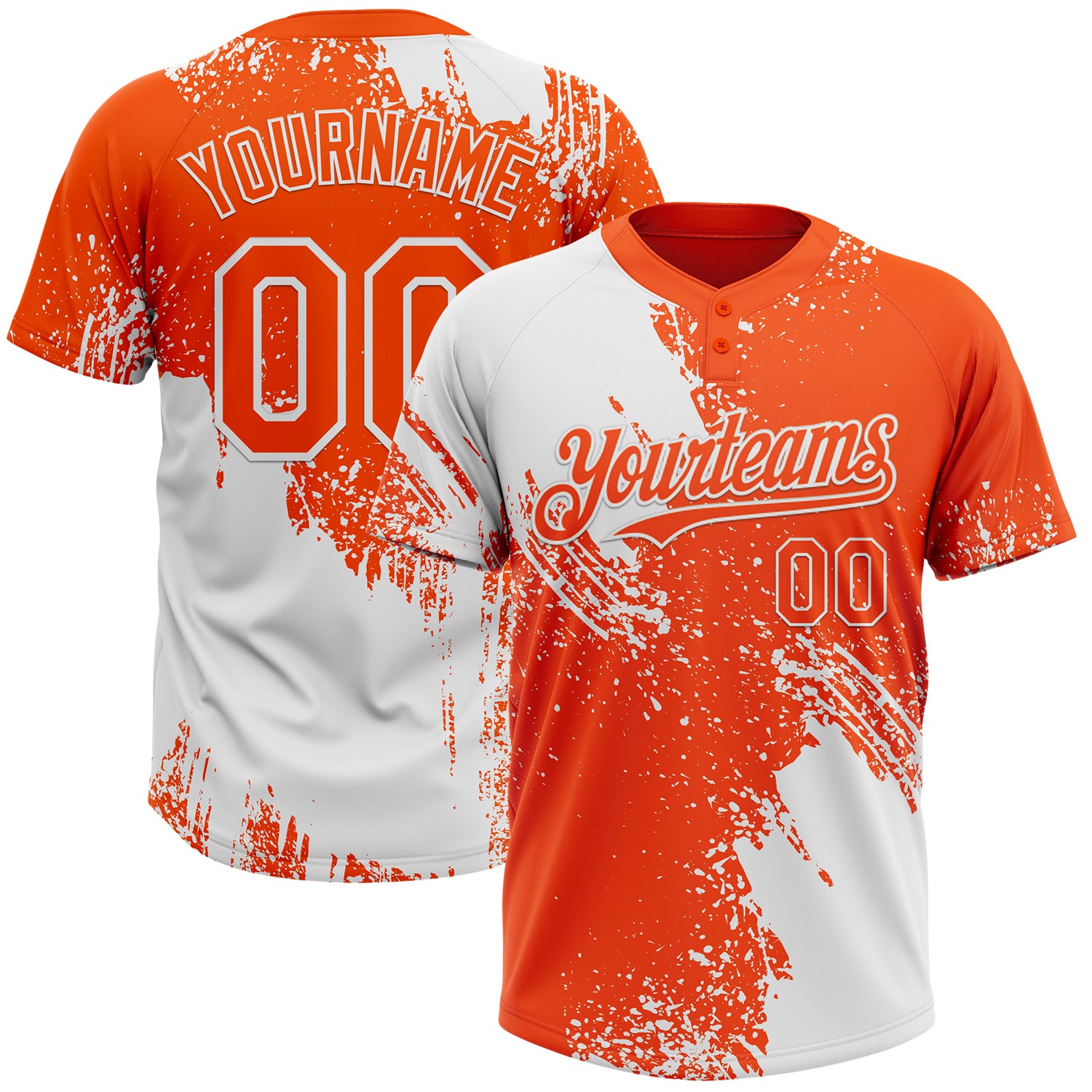 Custom Name and Number Unisex Softball Jersey - Personalized 3D Pattern White Orange Abstract Brush Stroke Two-Button Design