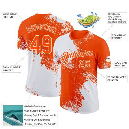 Custom Name and Number 3D Pattern Performance T-Shirt - Personalized Abstract Brush Stroke Design in White and Orange Personalized