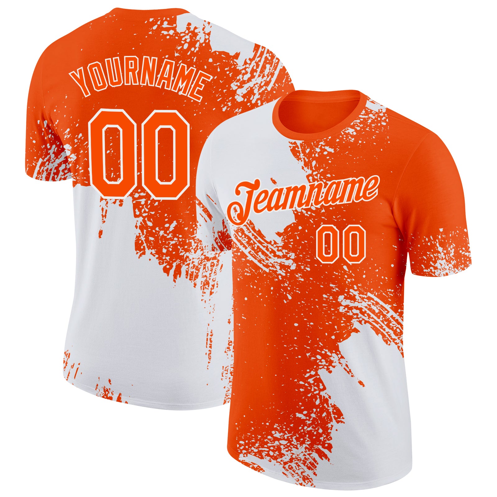 Custom Name and Number 3D Pattern Performance T-Shirt - Personalized Abstract Brush Stroke Design in White and Orange Personalized