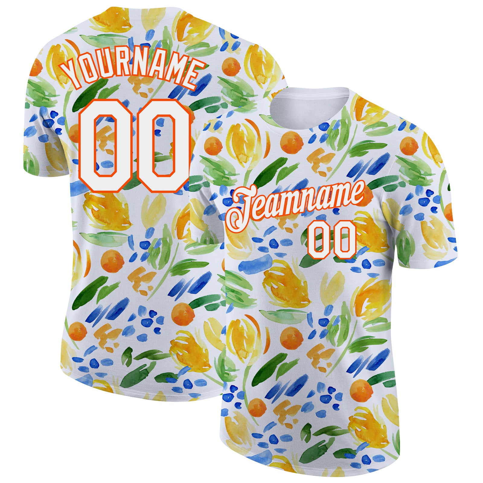 Custom Team Name and Number Performance T-Shirt - Personalized 3D Abstract Watercolor Flower Design in White and Orange Personalized