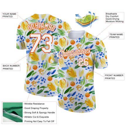 Custom Team Name and Number Performance T-Shirt - Personalized 3D Abstract Watercolor Flower Design in White and Orange Personalized