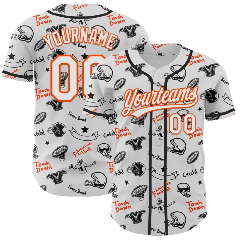 Custom Name Number Authentic Baseball Jersey with Personalized 3D Pattern Football Helmet and Elements - White Orange Design