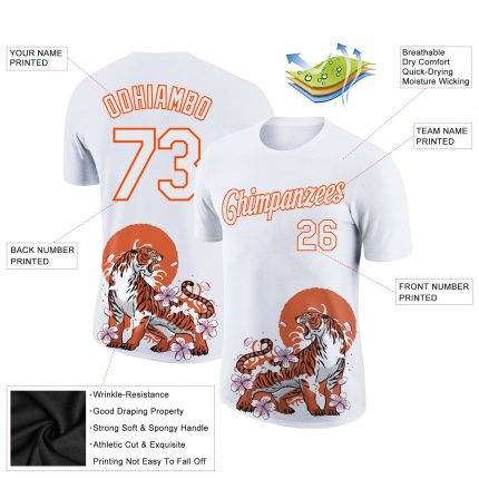 Personalized 3D Tiger Performance T-Shirt - White and Orange Pattern Design Personalized White Orange 3D Pattern Design Tiger