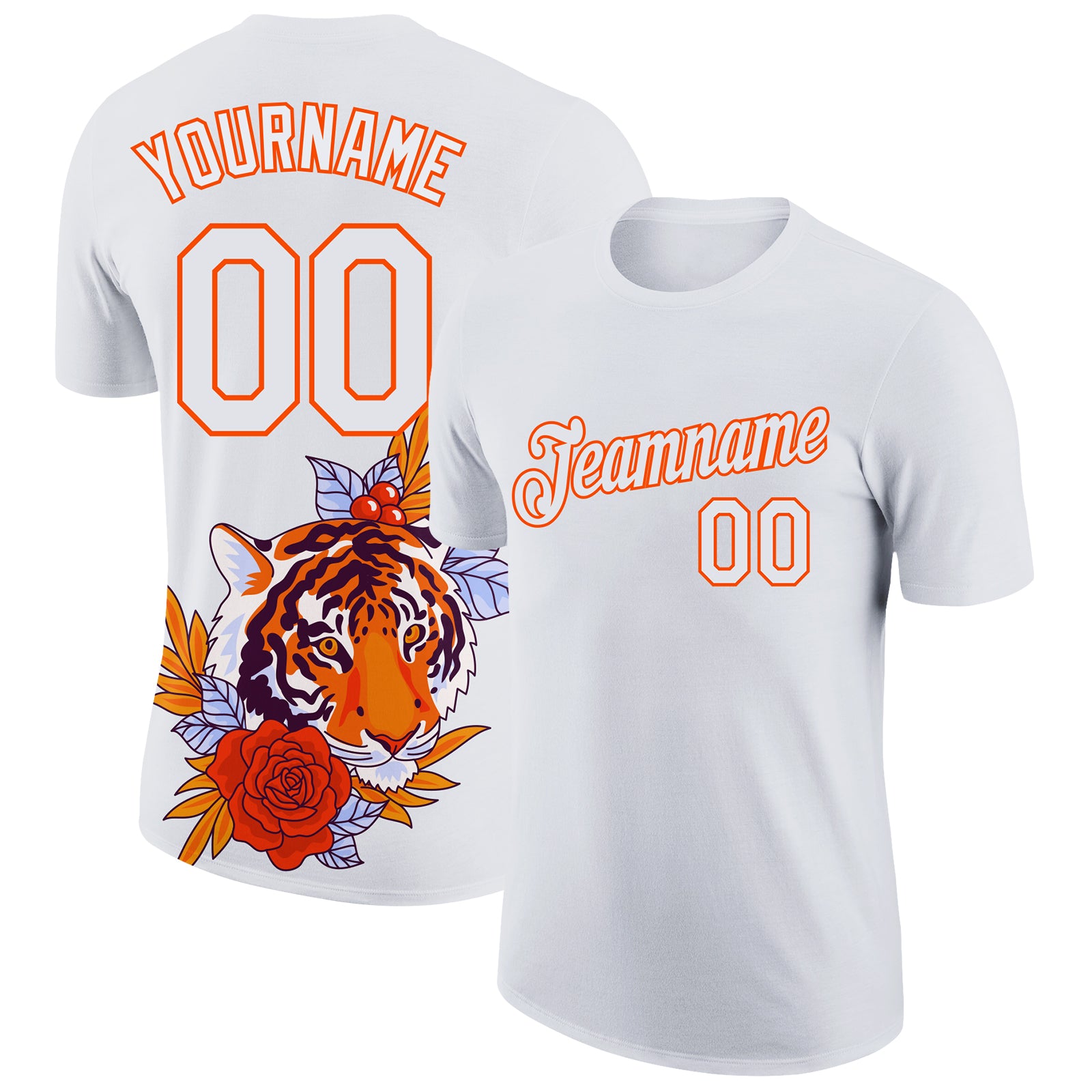 Custom Name Number Tiger Performance T-Shirt - Personalized White Orange 3D Pattern Design Personalized White Orange 3D Pattern