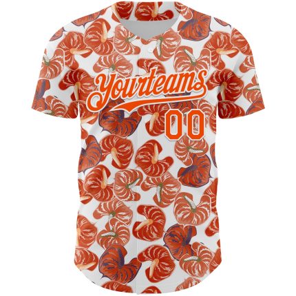 Custom Tropical Anthurium Flower Baseball Jersey with Personalized Name & Number | 3D Pattern White Orange Design Personalized