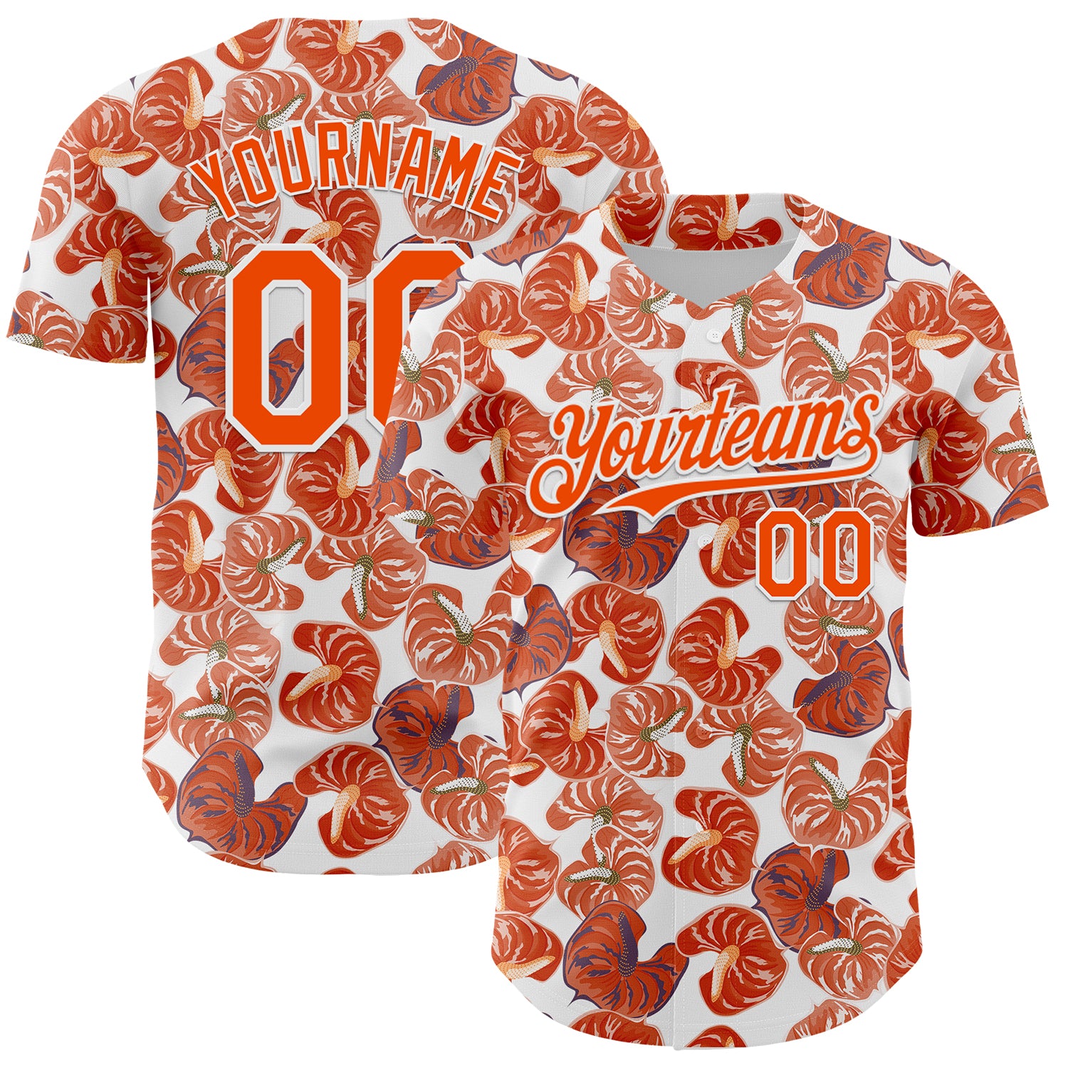 Custom Tropical Anthurium Flower Baseball Jersey with Personalized Name & Number | 3D Pattern White Orange Design Personalized