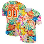 Personalized Tropical Hawaii Plant 3D Pattern T-Shirt with Custom Name and Number - White Orange Performance Tee Personalized