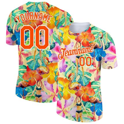 Personalized Tropical Hawaii Plant 3D Pattern T-Shirt with Custom Name and Number - White Orange Performance Tee Personalized