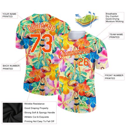 Personalized Tropical Hawaii Plant 3D Pattern T-Shirt with Custom Name and Number - White Orange Performance Tee Personalized